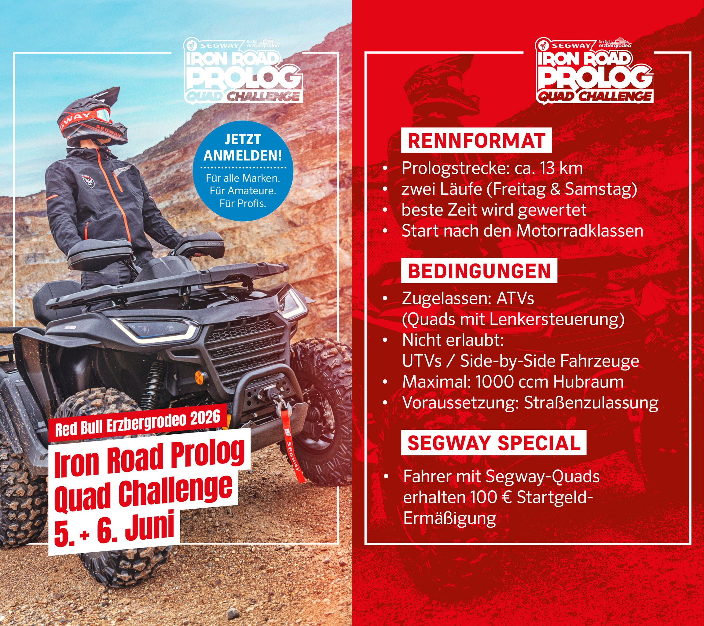 Person mit Helm und Schutzkleidung sitzt auf einem Quad vor einer felsigen Landschaft, daneben Textinformationen zum "Iron Road Prolog Quad Challenge" Event am 5. und 6. Juni mit Rennformat, Bedingungen und Segway-Special.